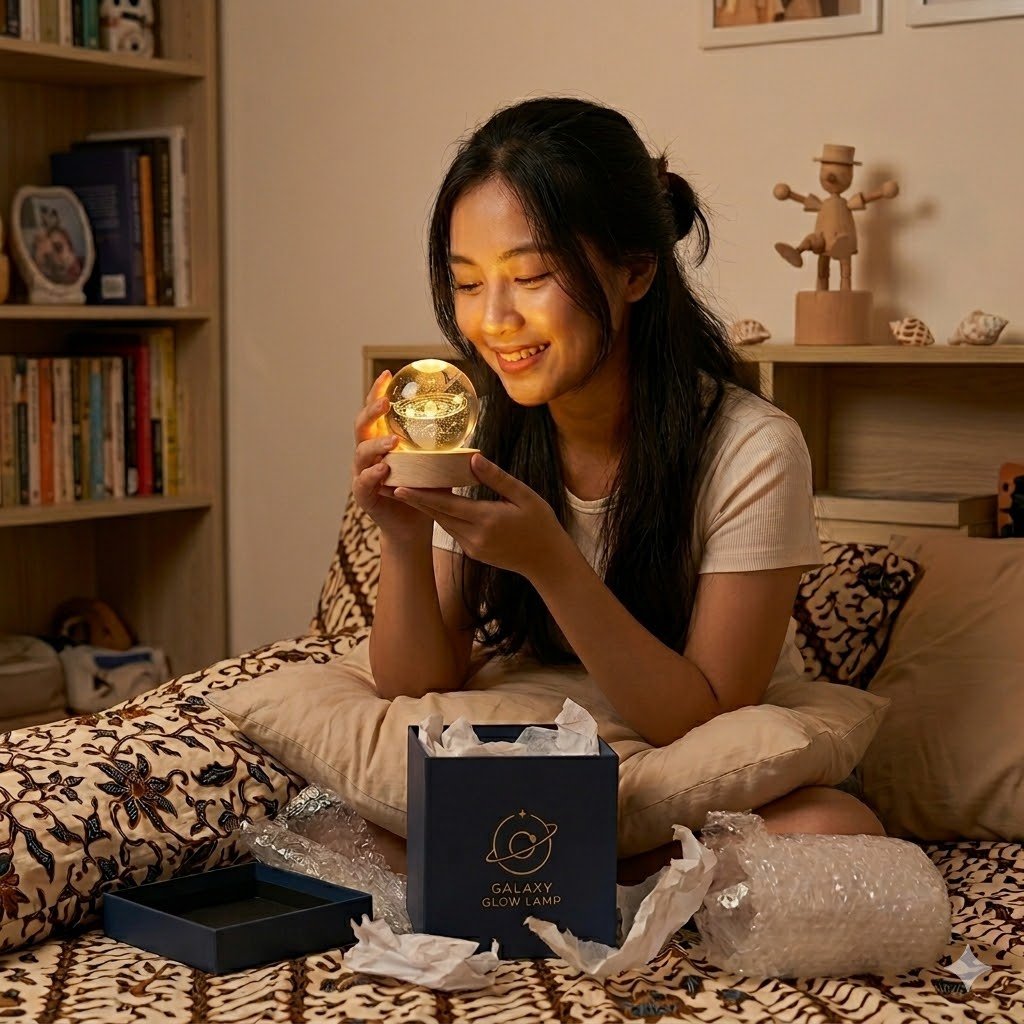 Galaxy Glow Lamp — bola kristal K9 dengan ukiran tata surya 3D menyala di atas alas kayu solid