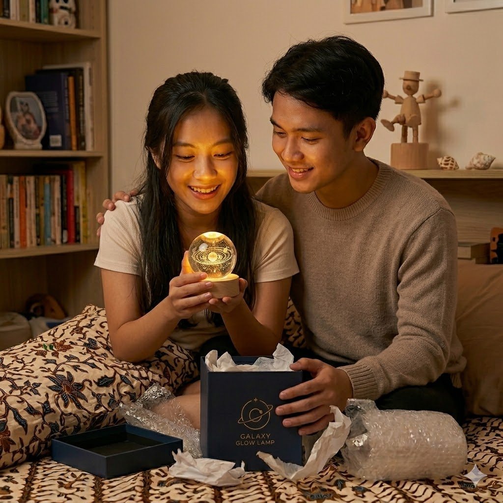 Galaxy Glow Lamp — bola kristal tata surya menyala hangat di atas alas kayu solid