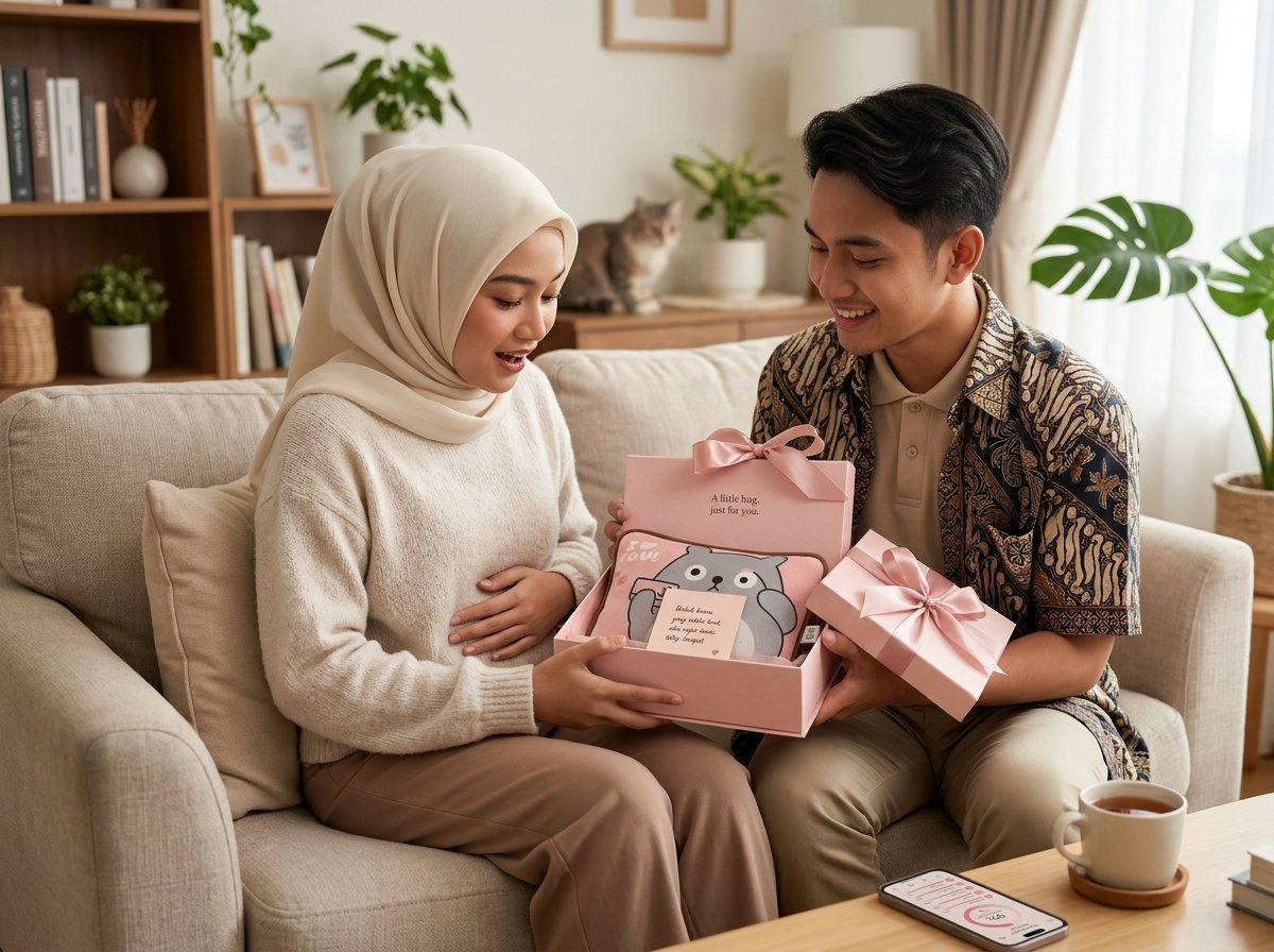 Suami memberikan Hug Haid Pillow kepada istri