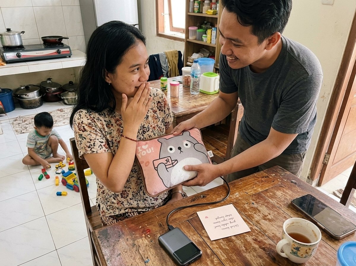 Istri menerima hadiah Hug Haid Pillow