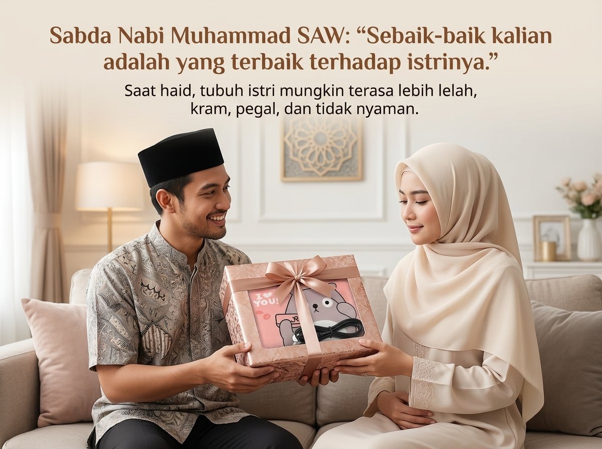 Suami memberikan hadiah Hug Haid Pillow kepada istri