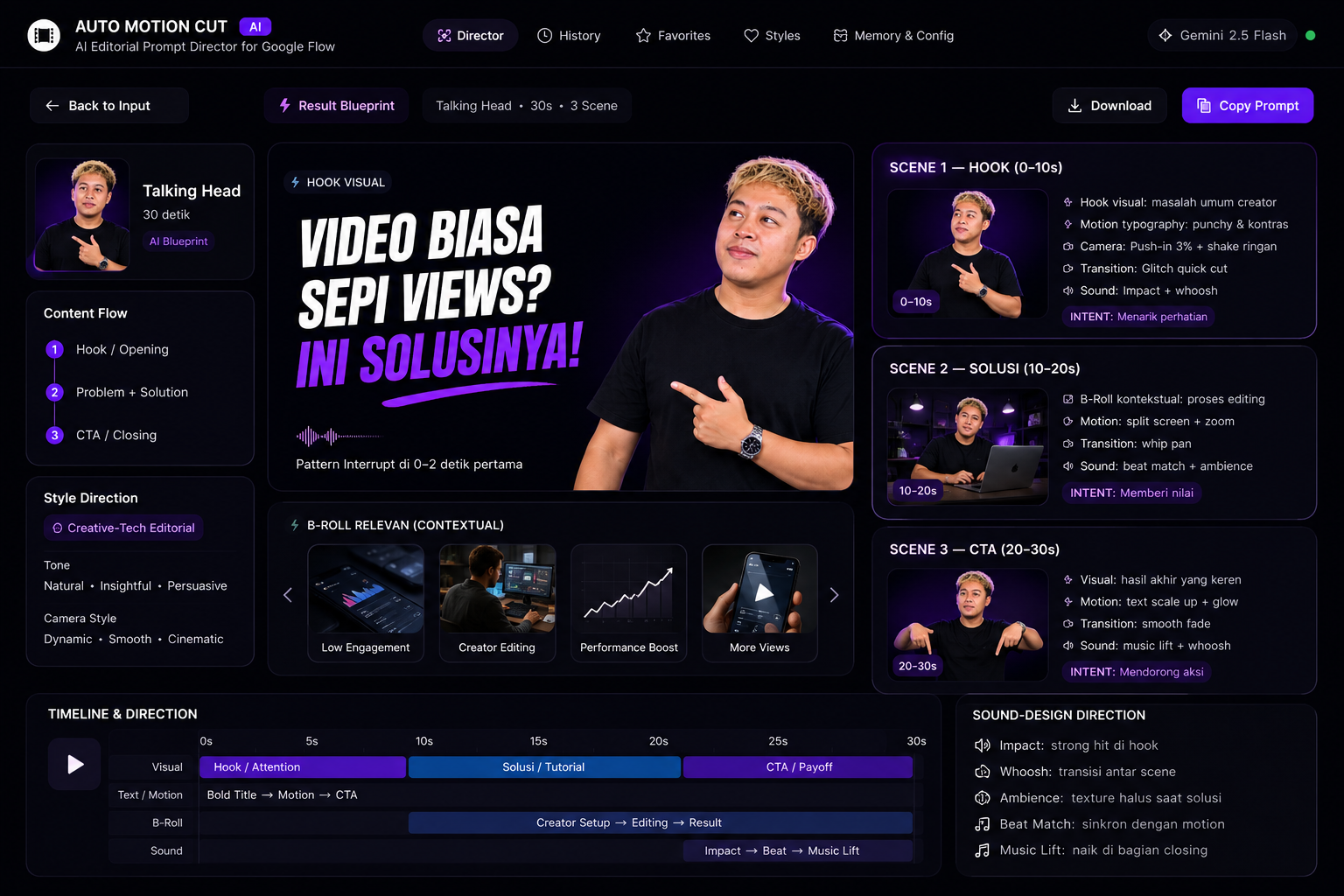 Contoh hasil prompt dan arahan editing Auto Motion Tools